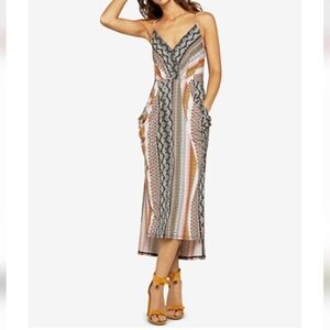 BCBGeneration Tropical Multicolored Midi Dress Hi-Low Hem Spaghetti Straps Sz XS